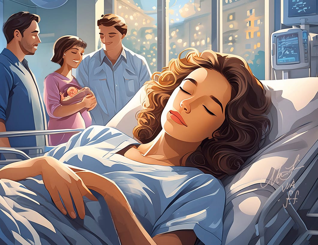 Firefly A young dark curly haired woman lays in a hospital bed asleep. in the background. WBaby_FF