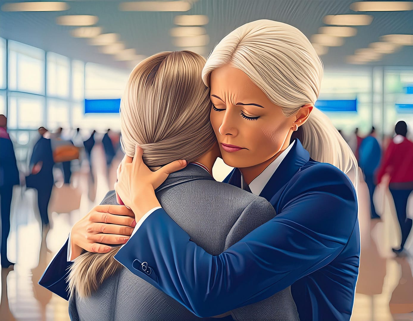 Firefly two white women and embracing in a tight hug at an airport. The first woman is an airline em