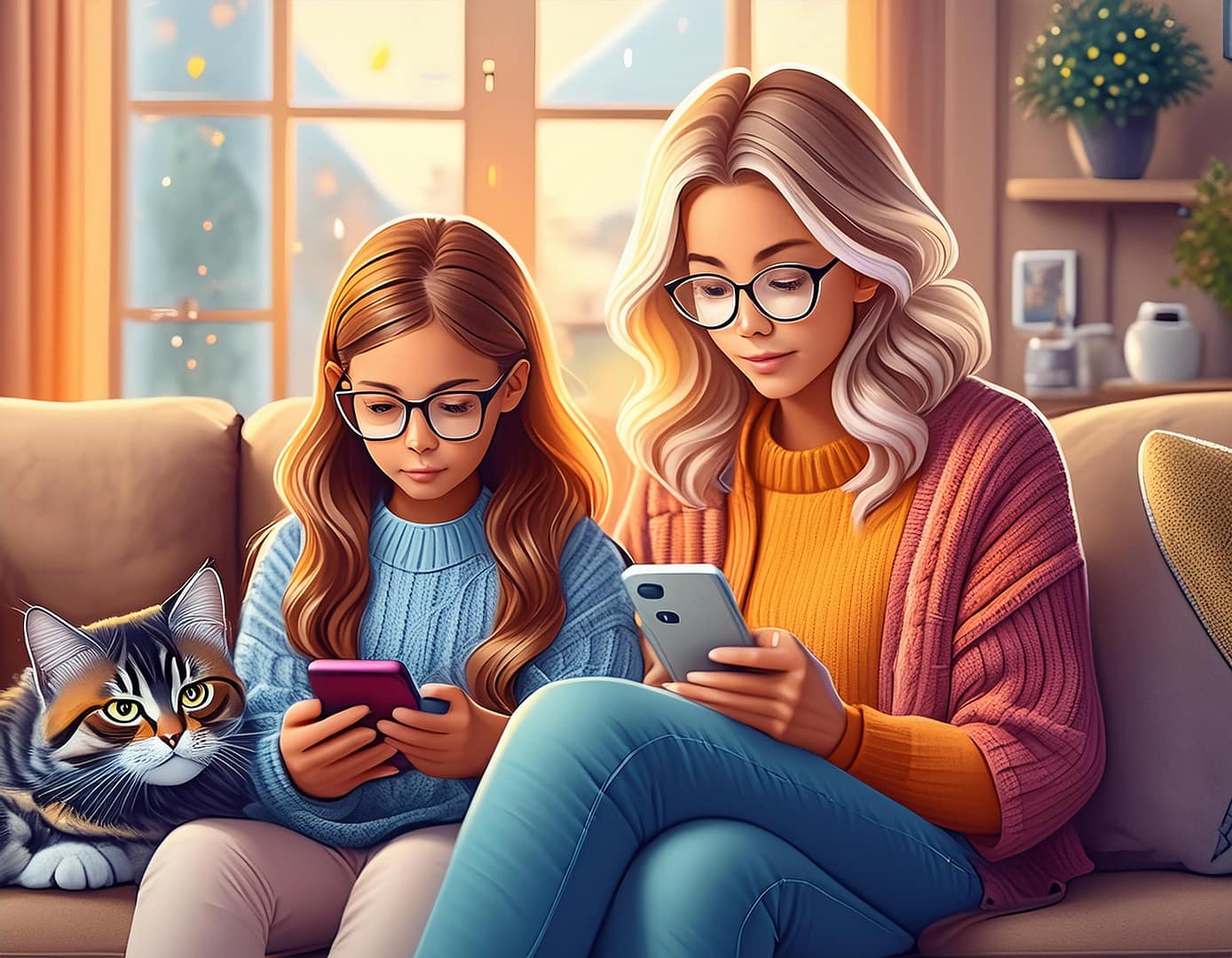 Firefly a mother with red eyeglasses and blonde hair sits side by side with daughter with dark brown