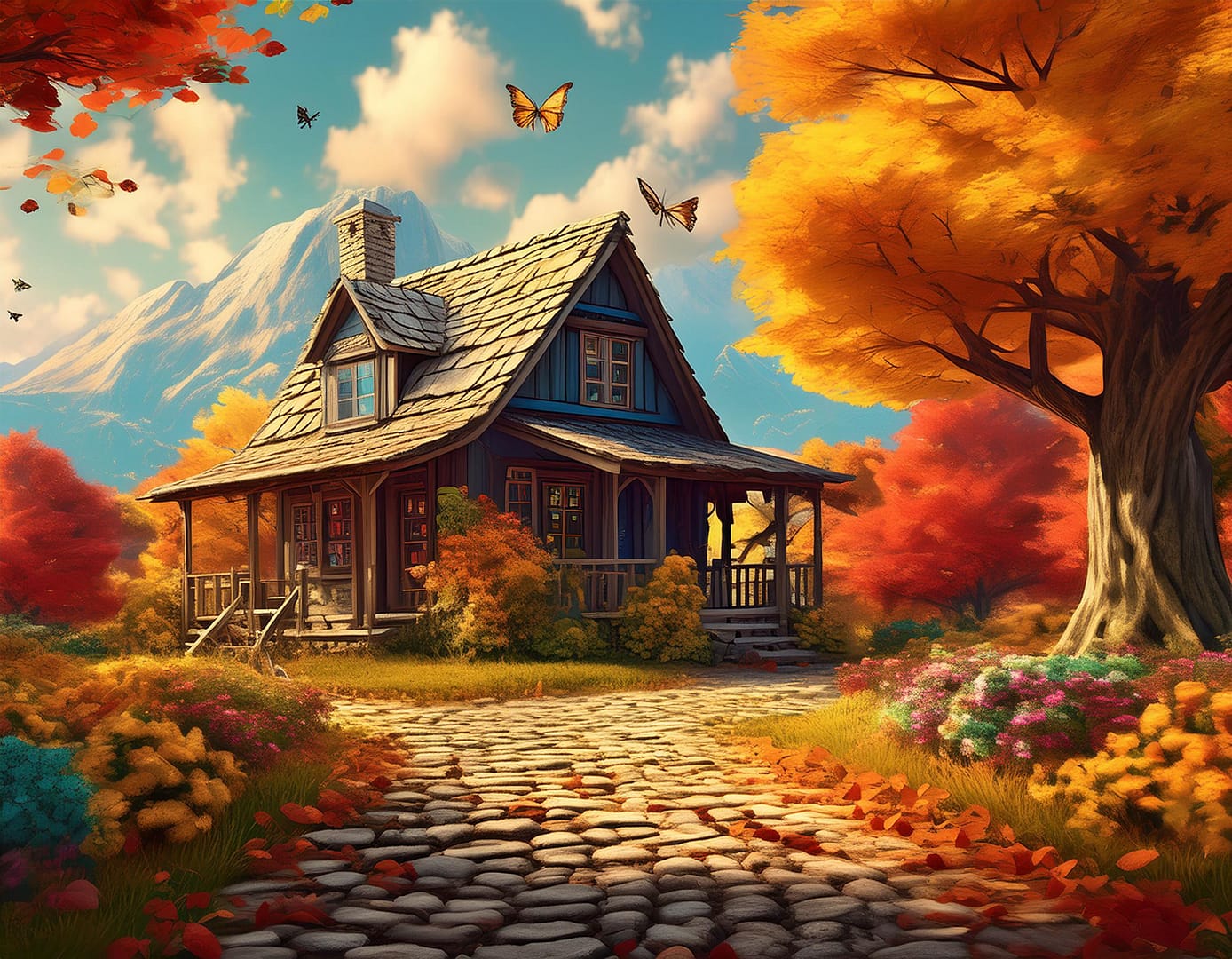 Firefly A one small one story house house sitting in the background with a porch, beautiful yard, wi