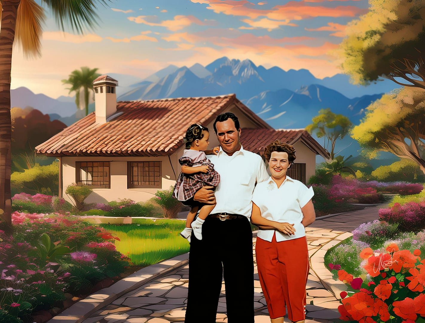 Adoptive parents Carl (holding Marsha age 1) & Edith at my imaginary house in San Bernardino.