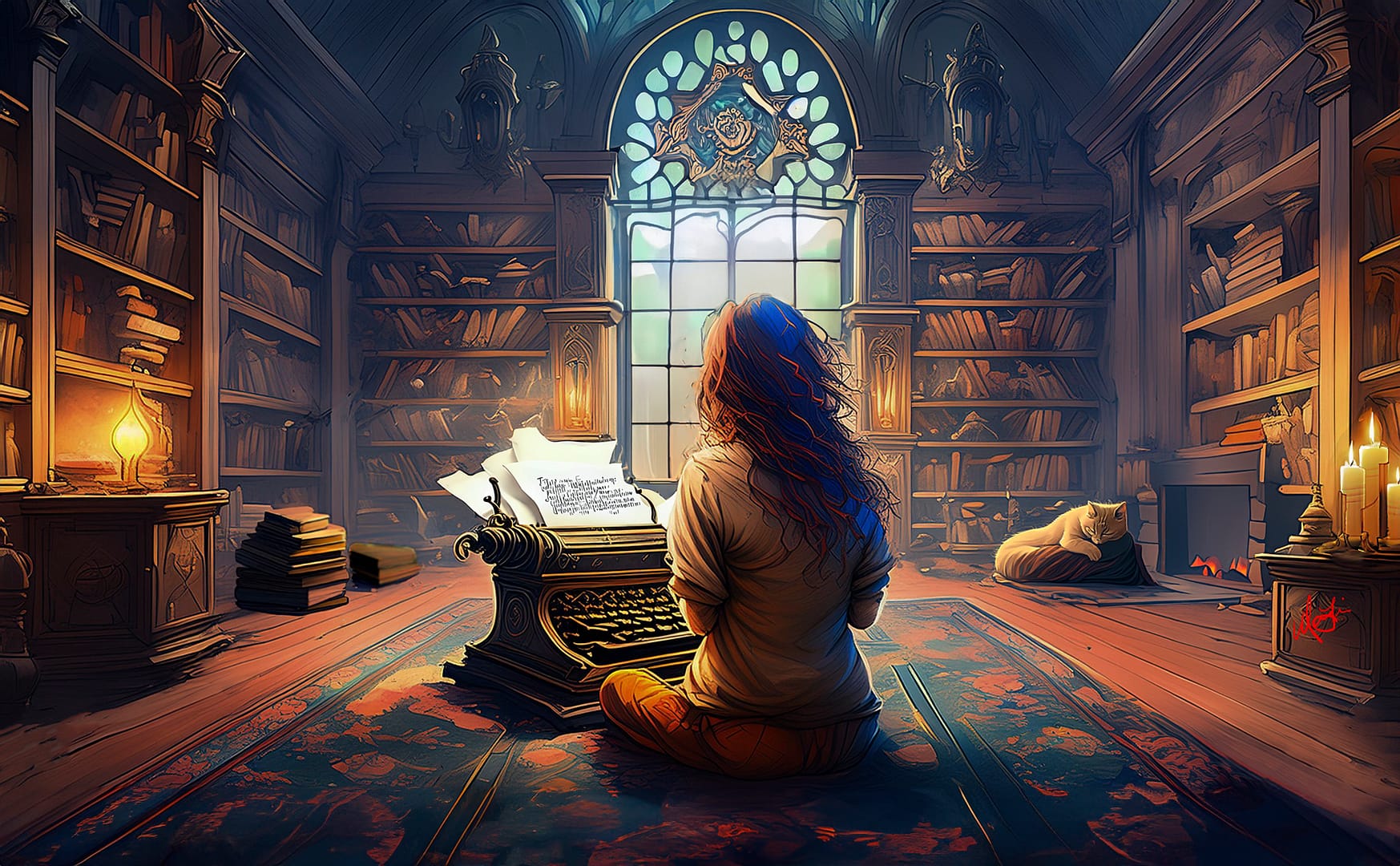 Firefly A female adult with typewriter in library_F_MED