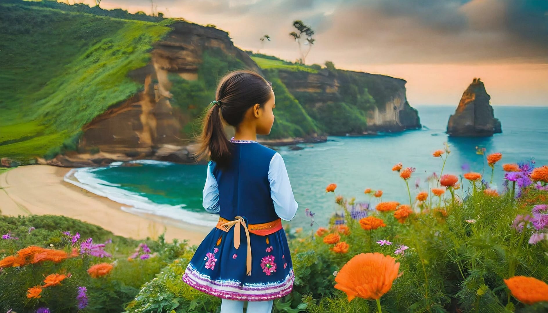 Firefly Little girl with dark hair in ponytail wearing playclothes full body standing closer to the _3