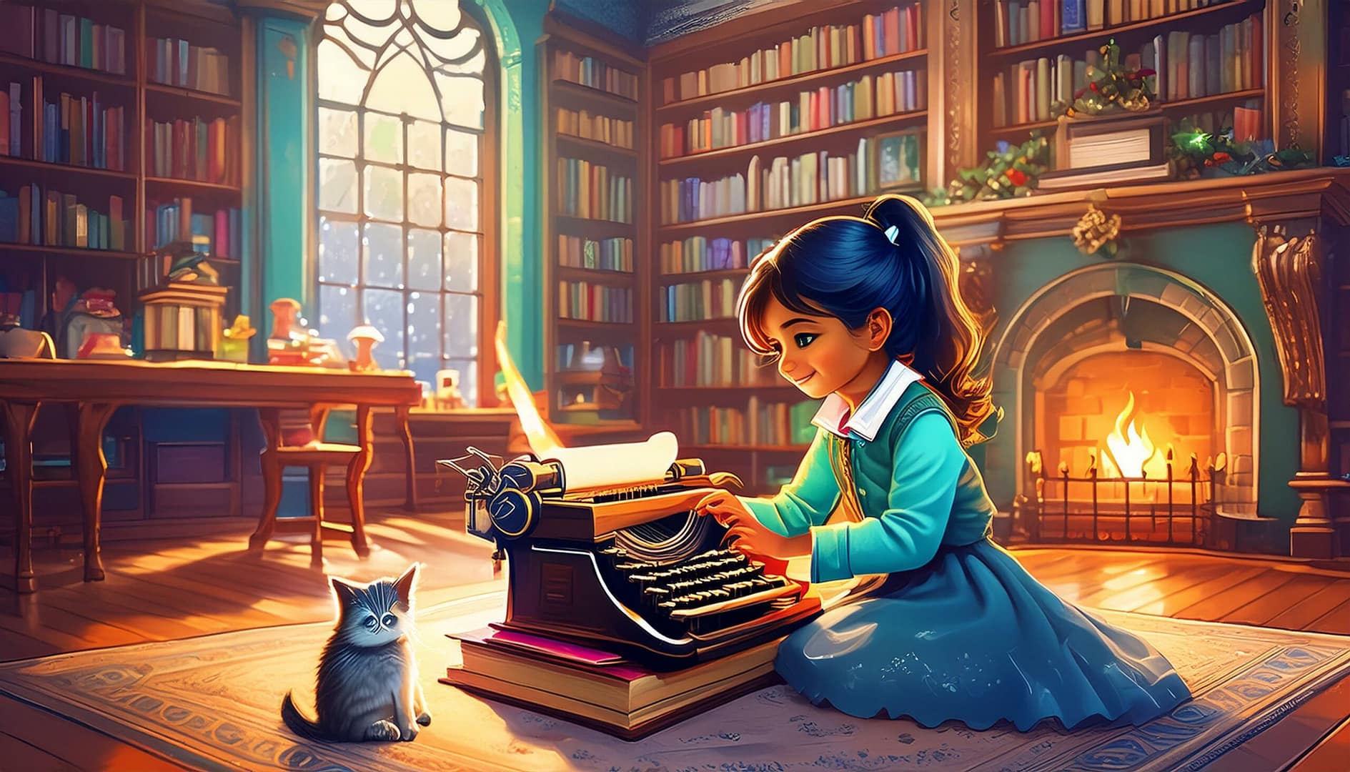 Firefly A female child with dark hair in ponytail sits in a beautiful victorian looking giant librar