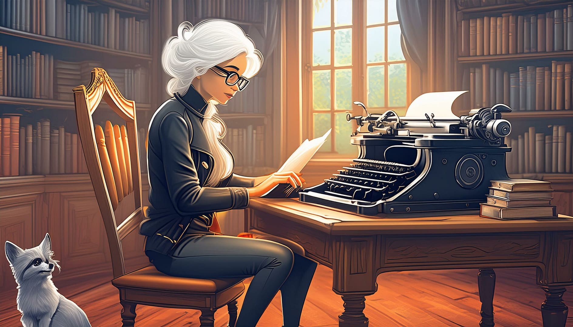 Firefly an slender woman with white hair worn up in and wearing red glasses, black pants and black Dog nearby