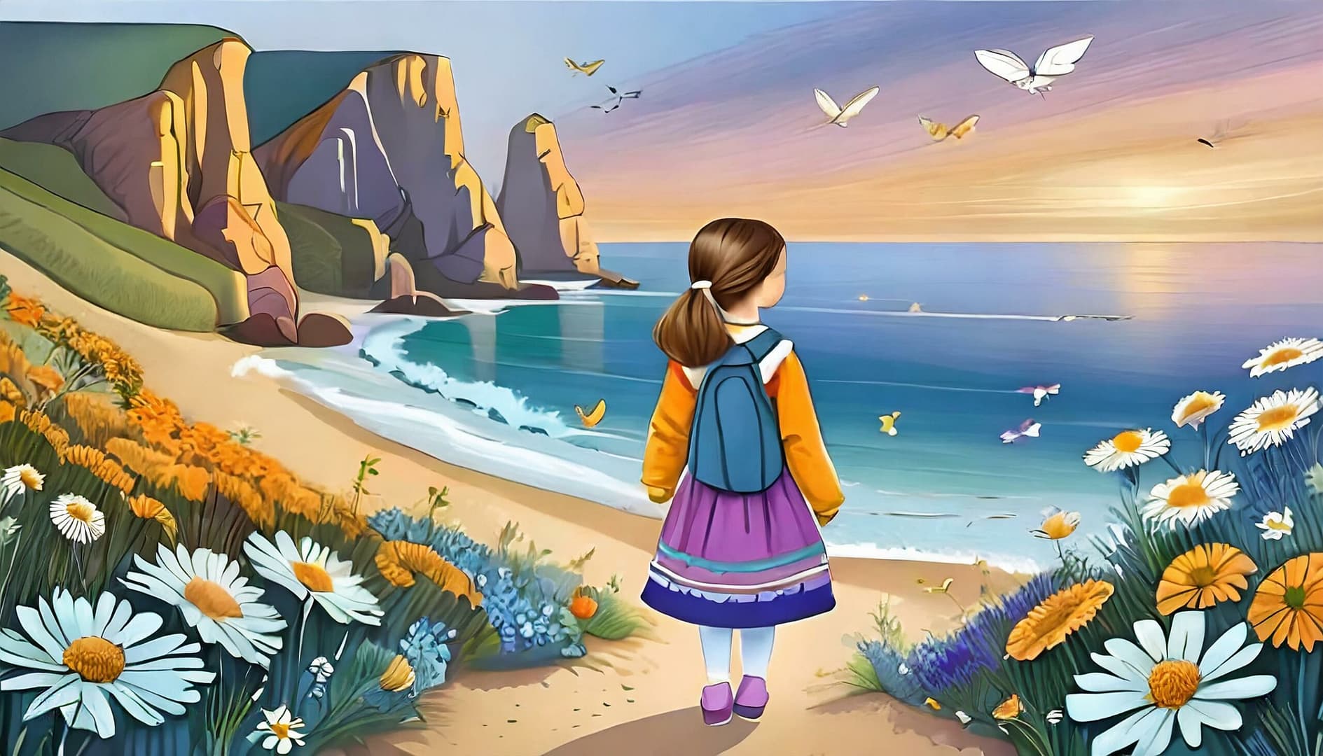 Firefly Little girl with dark hair in ponytail wearing playclothes full body far away scene with gir (2)