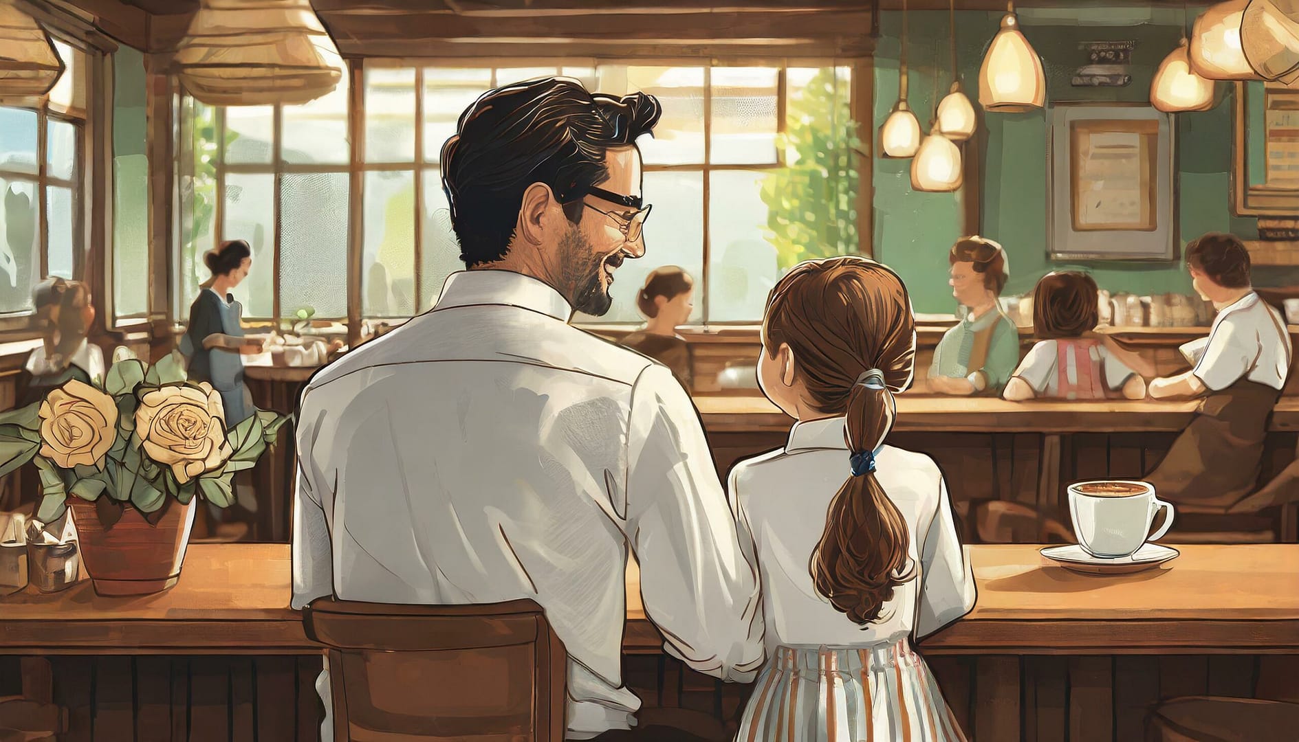 Firefly father wearing white dress shirt sitting next to his 6-year-old daughter indoors at a 1950s